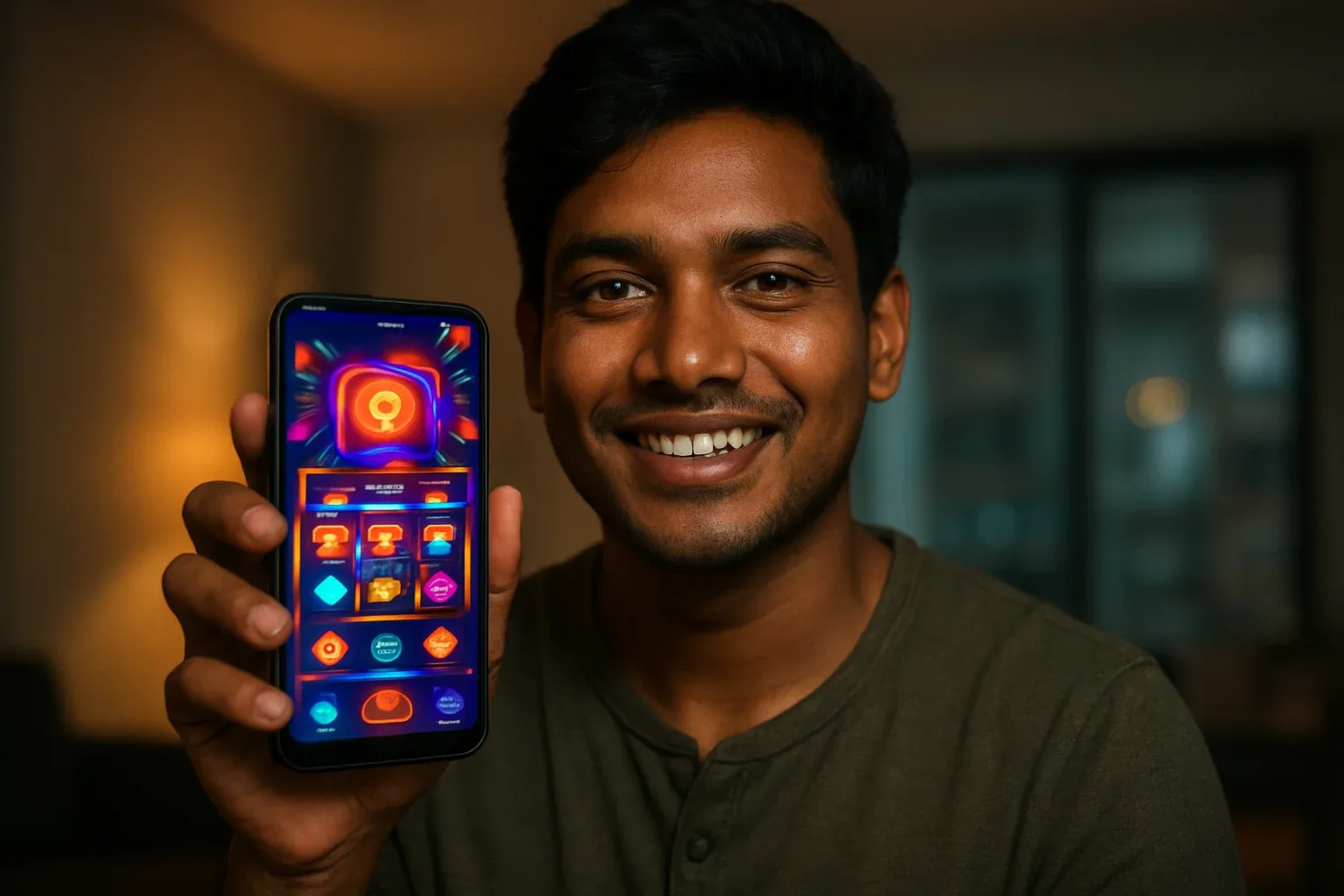 Young Bangladeshi man smiling, holding phone showing glowing casino app interface