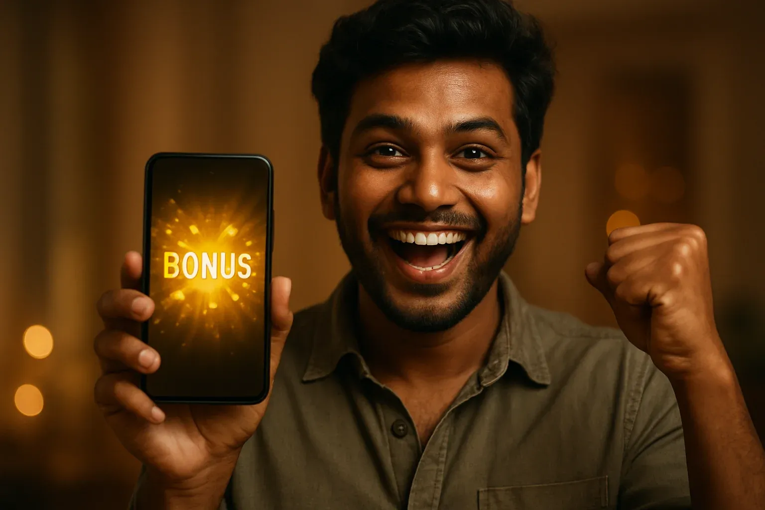 Joyful Bangladeshi man celebrating, holding smartphone showing glowing golden bonus notification