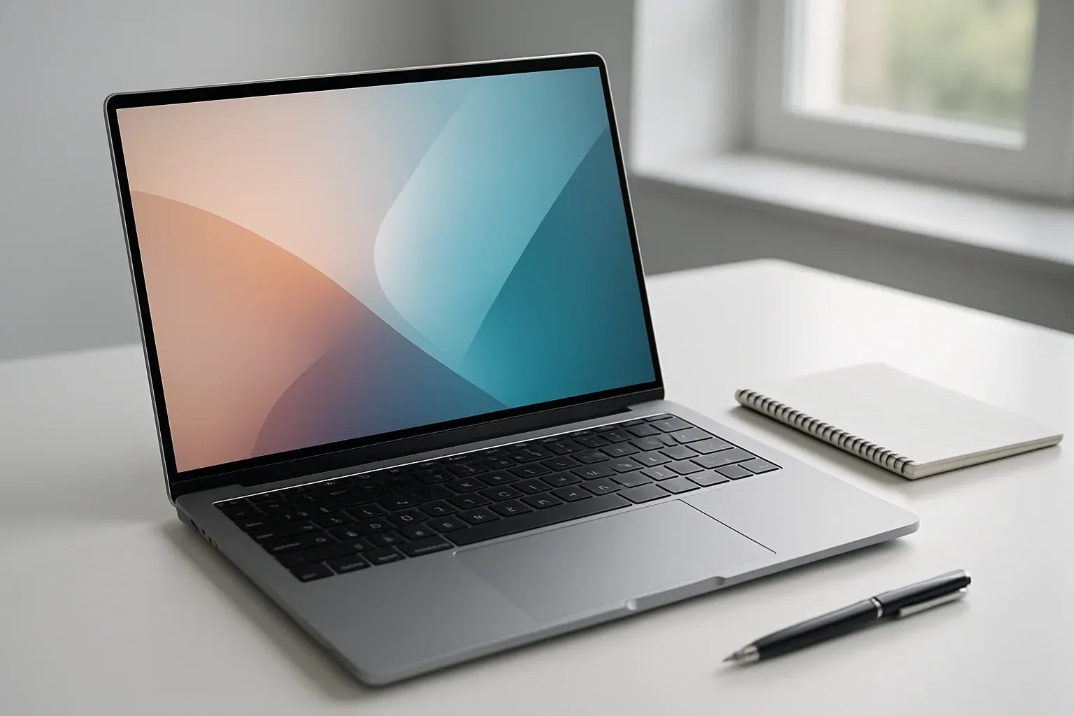 Modern laptop on white desk with abstract glowing screen in daylight