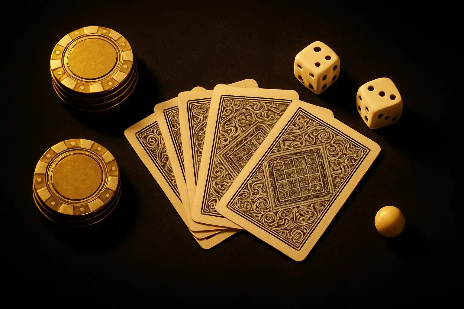 Top-down dark velvet casino scene with gold chips, cards, dice, roulette ball