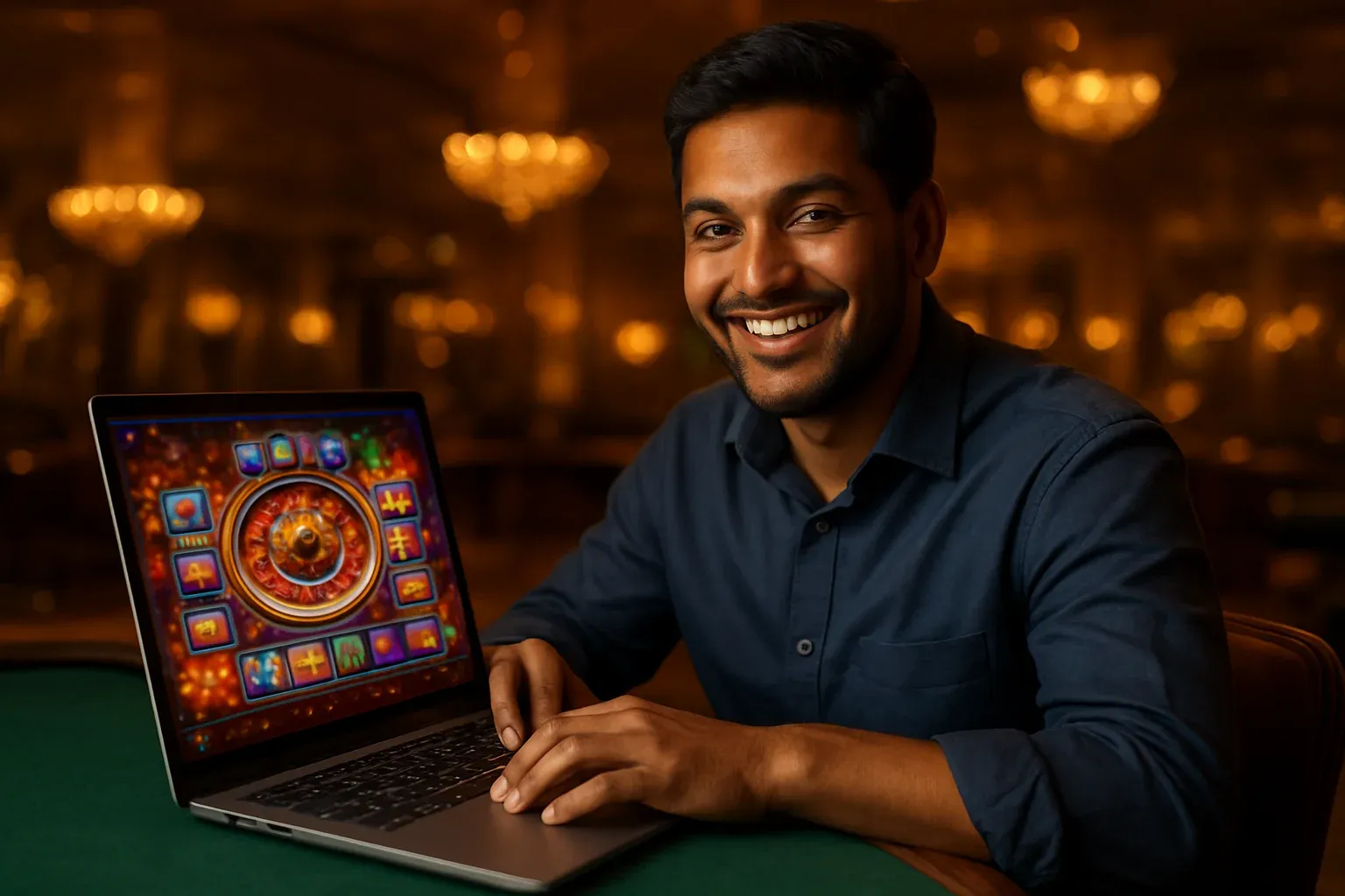 Cheerful Bangladeshi man smiling at open laptop with glowing casino interface