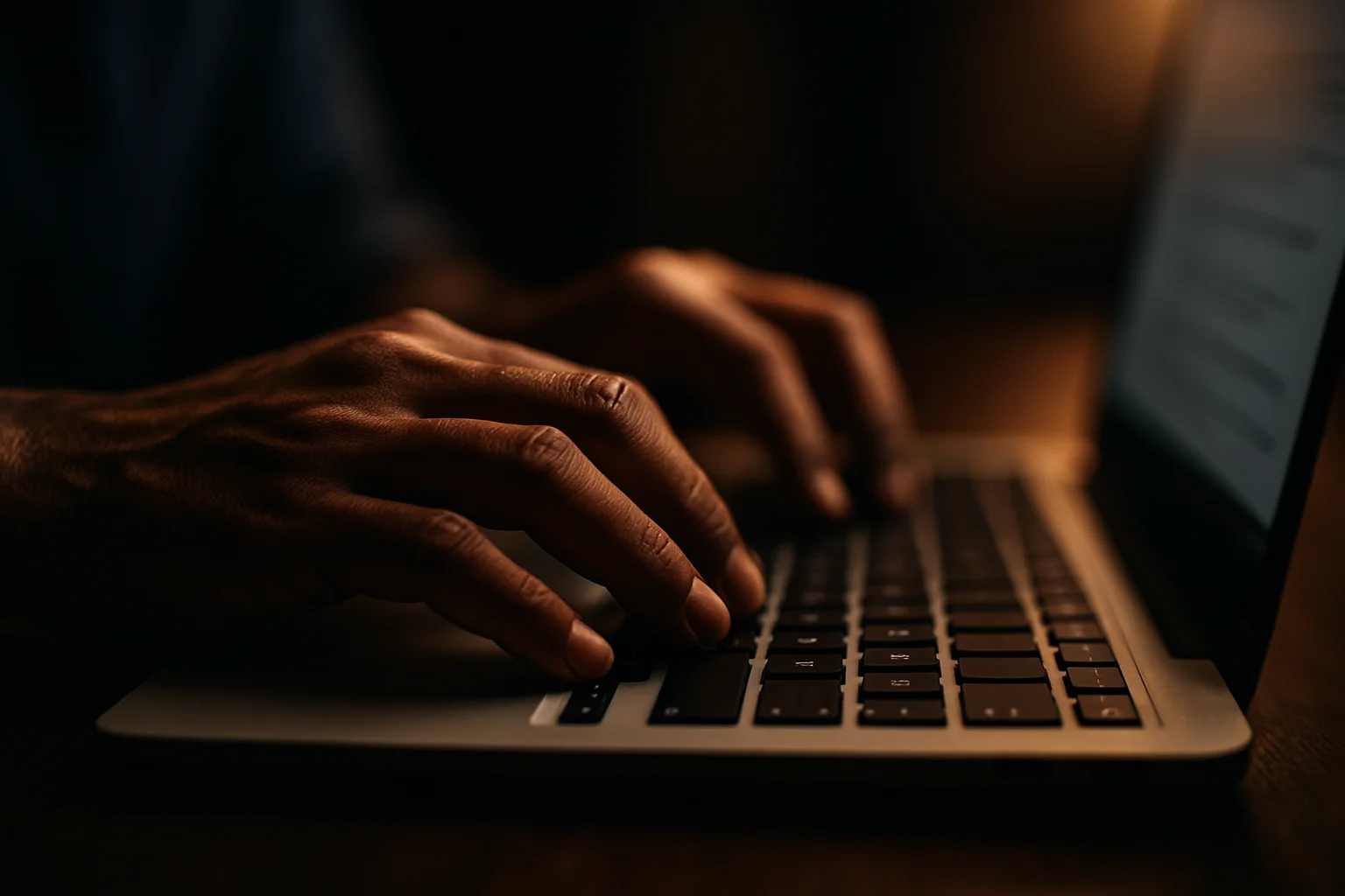 Close-up of Bangladeshi hands typing on laptop keyboard in dark light