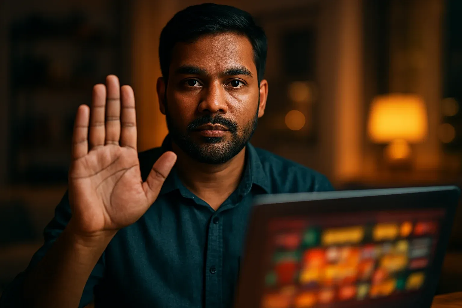 Bangladeshi man raises stop hand by laptop with blurred casino screen