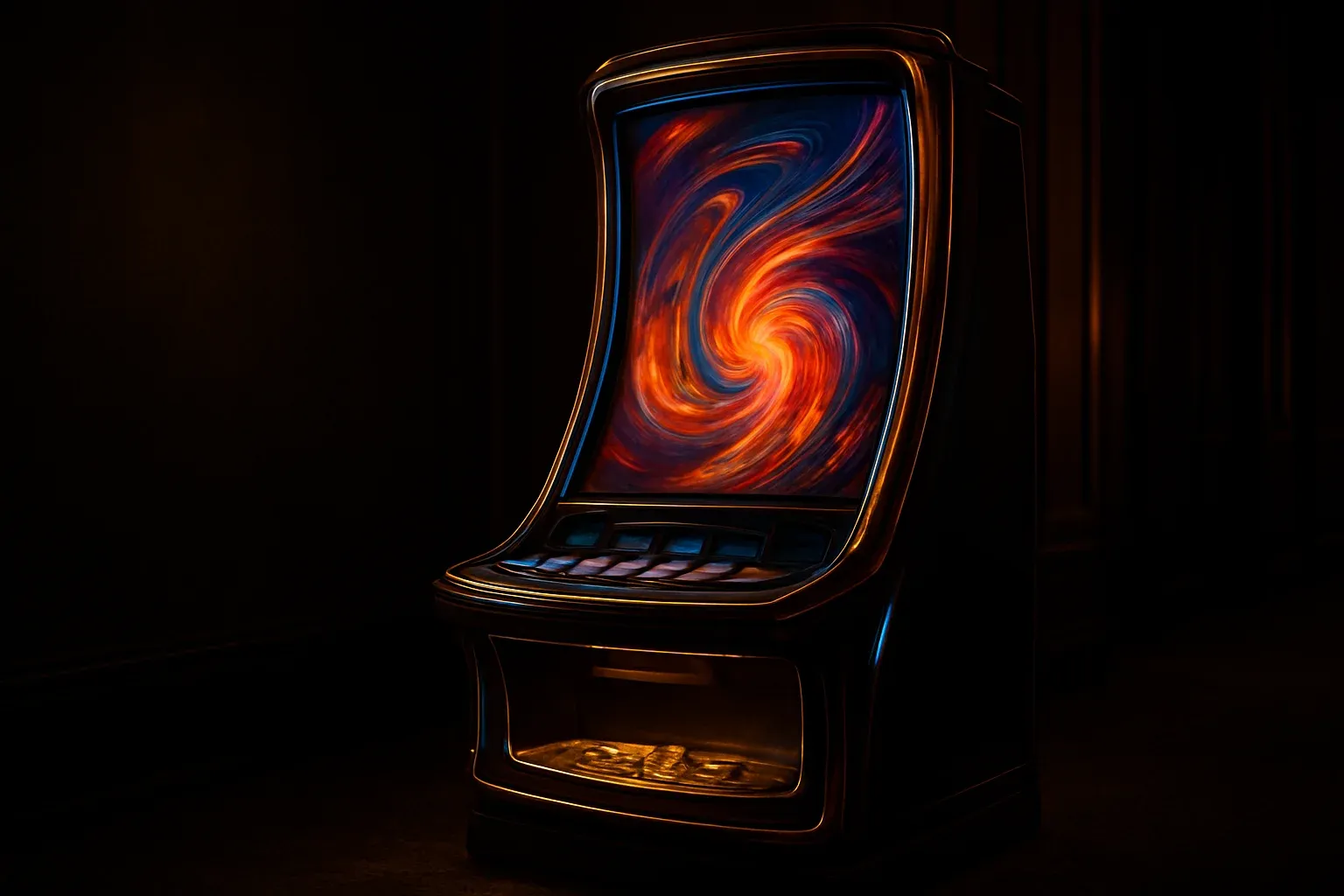 Premium slot machine in dark luxury setting with neon blue gold lighting